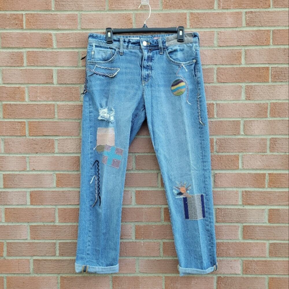 Pilcro Anthropologie Patchwork Straight Leg Distressed Jeans Size 30